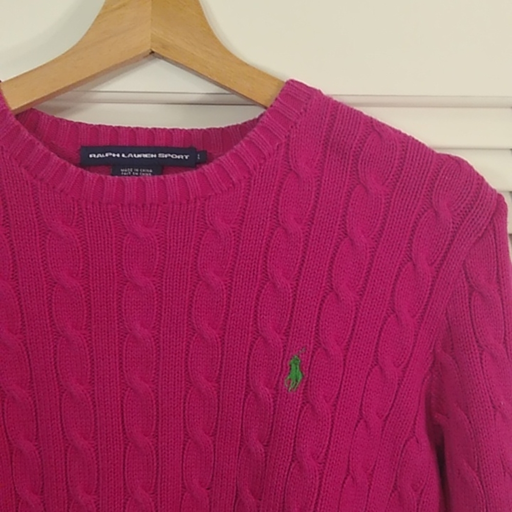 Ralph Lauren Sport Fuschia Cable Knit 100% Cotton Crew neck Sweater Size Large